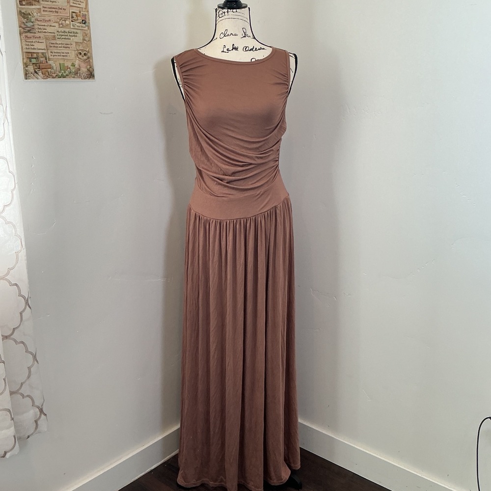 Halara Draped Sleeveless Maxi Dress Brown Gathered Waist Size M Elegant Jersey